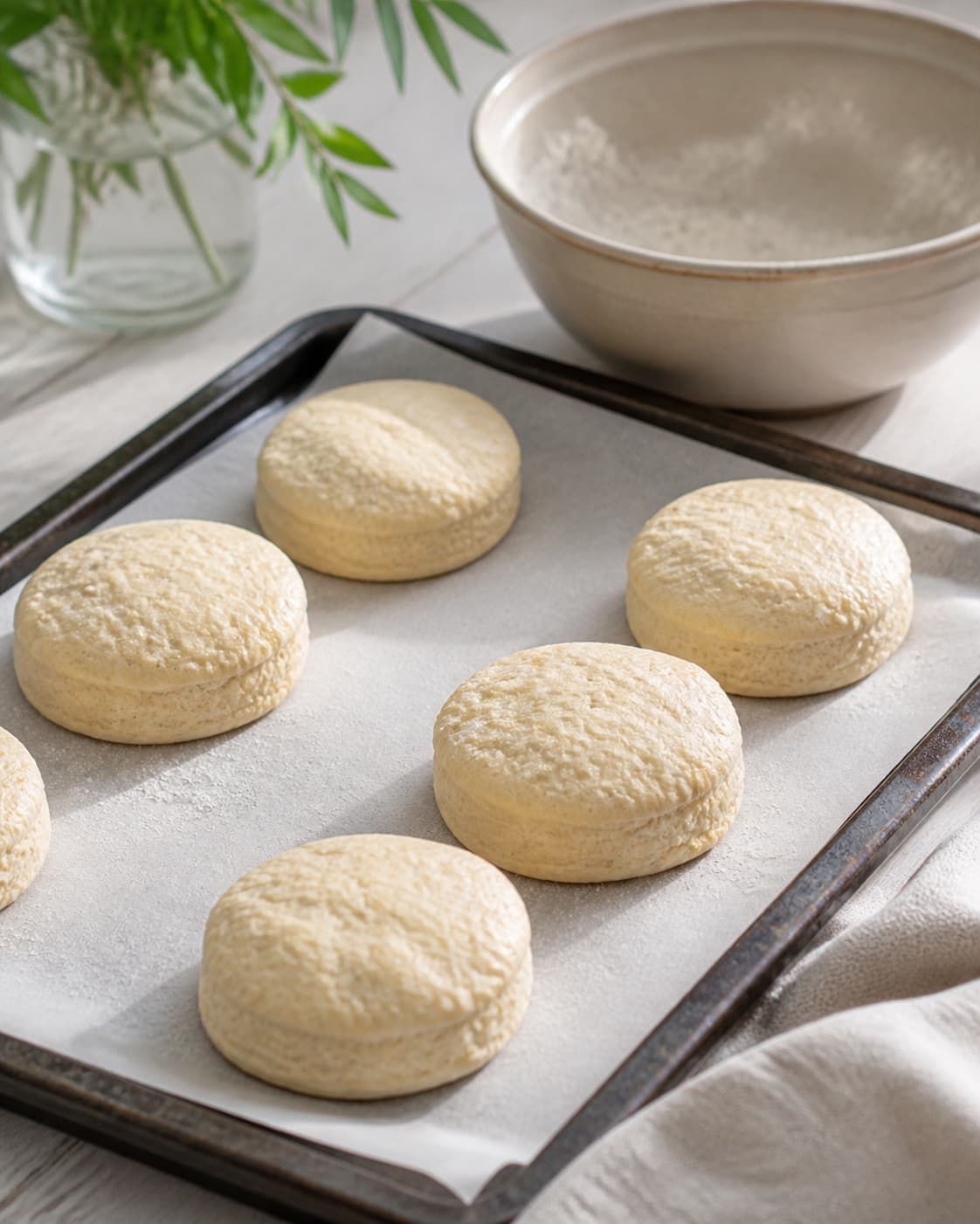 One single photorealistic instructional frame of shaped pale dough pieces visibly risen on one baking tray for Scones, featuring hvedemel, smør, mælk, with only the named equipment and no unrelated food, text, logos or packaging under tilberedningen af scones