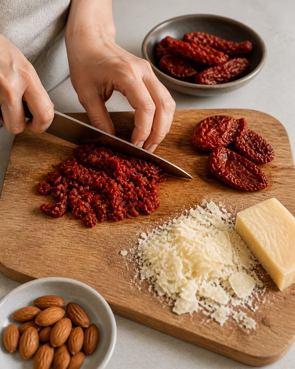 One single photorealistic instructional frame of the recipe-specific flavor elements being prepared for Tomatpesto, featuring soltørrede tomater, parmesan, mandler, with only the named equipment and no unrelated food, text, logos or packaging under tilberedningen af tomatpesto