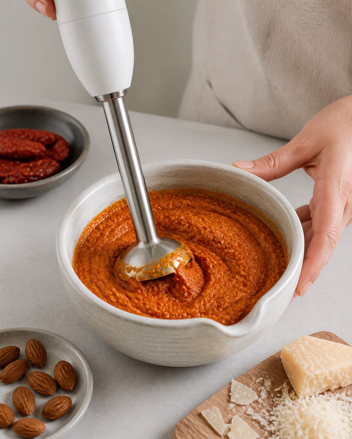 One single photorealistic instructional frame of the dip blending into a smooth cohesive texture for Tomatpesto, featuring soltørrede tomater, parmesan, mandler, with only the named equipment and no unrelated food, text, logos or packaging under tilberedningen af tomatpesto