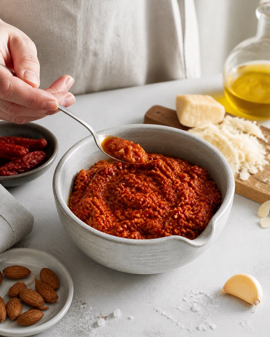 One single photorealistic instructional frame of one bowl of finished dip being tasted and adjusted for Tomatpesto, featuring soltørrede tomater, parmesan, mandler, with only the named equipment and no unrelated food, text, logos or packaging under tilberedningen af tomatpesto