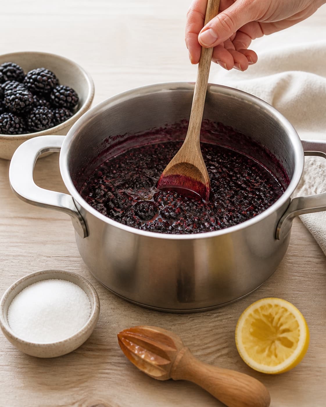 One single photorealistic instructional frame of the main vegetable simmering until tender for Brombærsyltetøj, featuring brombær, sukker, citron, with only the named equipment and no unrelated food, text, logos or packaging under tilberedningen af brombærsyltetøj