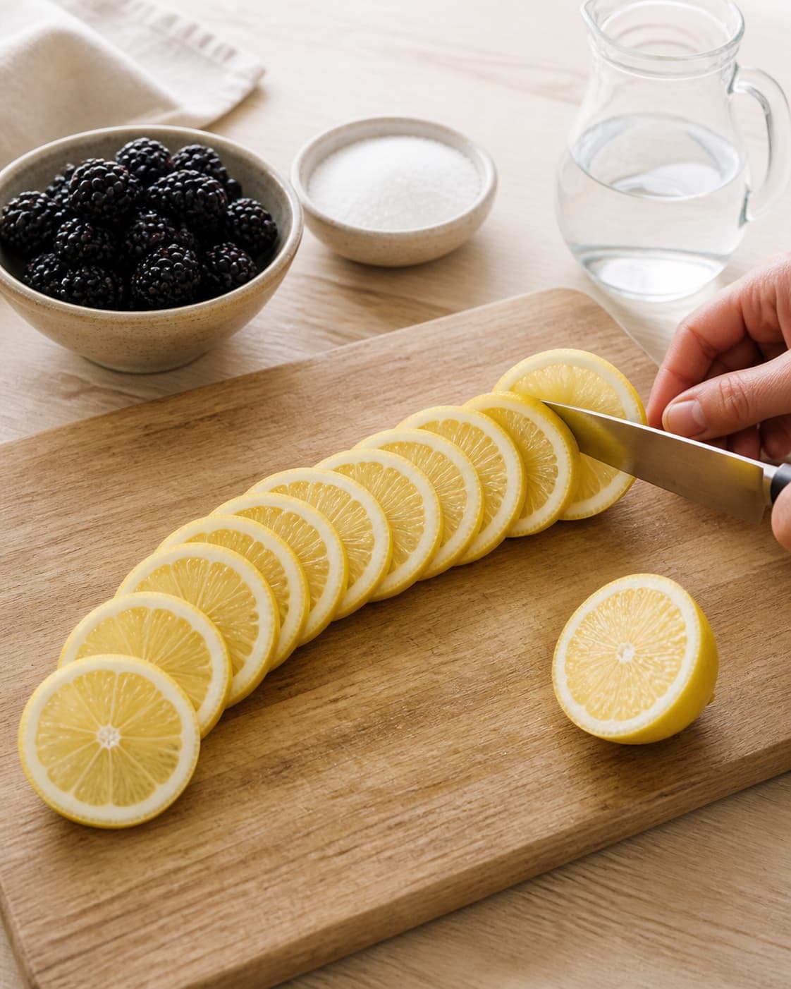 One single photorealistic instructional frame of even vegetable slices prepared on one board for Brombærsyltetøj, featuring brombær, sukker, citron, with only the named equipment and no unrelated food, text, logos or packaging under tilberedningen af brombærsyltetøj
