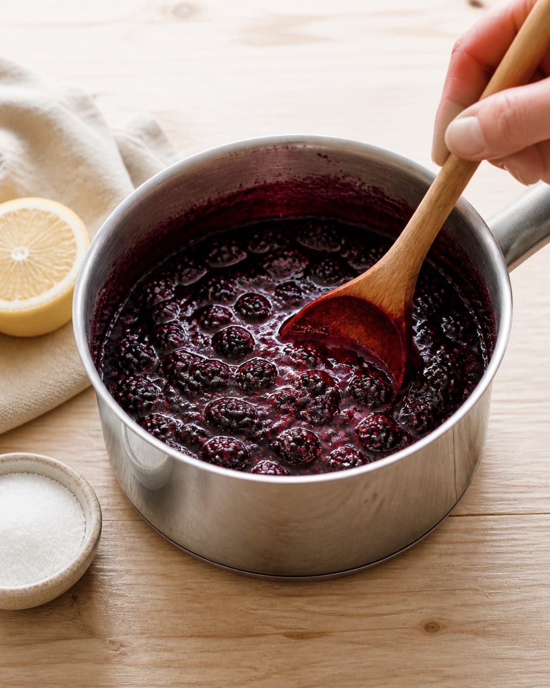 brombær simmering with sugar and lemon into a thick glossy brombærsyltetøj in one saucepan, no clear pickling brine under tilberedningen af brombærsyltetøj