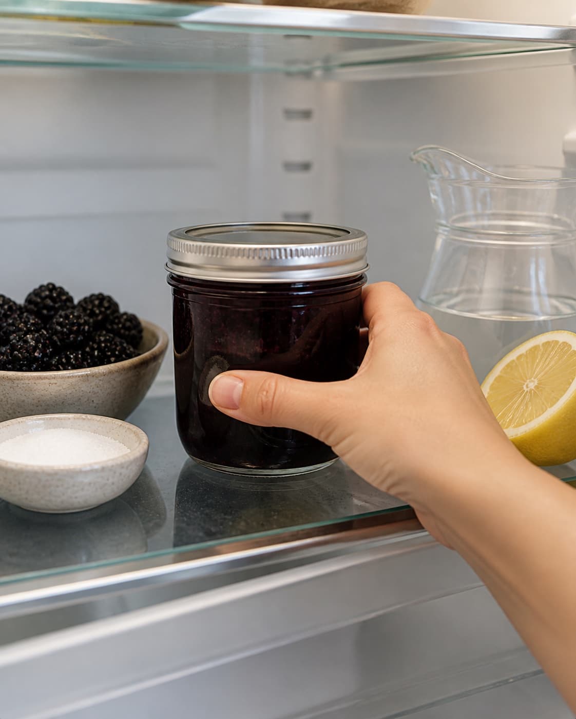One single photorealistic instructional frame of the sealed pickle jar resting in refrigeration for Brombærsyltetøj, featuring brombær, sukker, citron, with only the named equipment and no unrelated food, text, logos or packaging under tilberedningen af brombærsyltetøj
