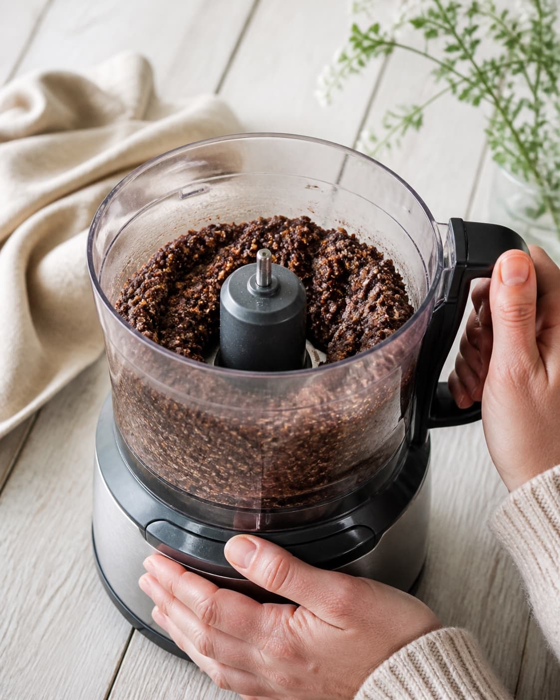One single photorealistic instructional frame of the confection base becoming cohesive in one food processor for Super Food Snackkugler, featuring dadler, mandler, kakaopulver, with only the named equipment and no unrelated food, text, logos or packaging under tilberedningen af super food snackkugler