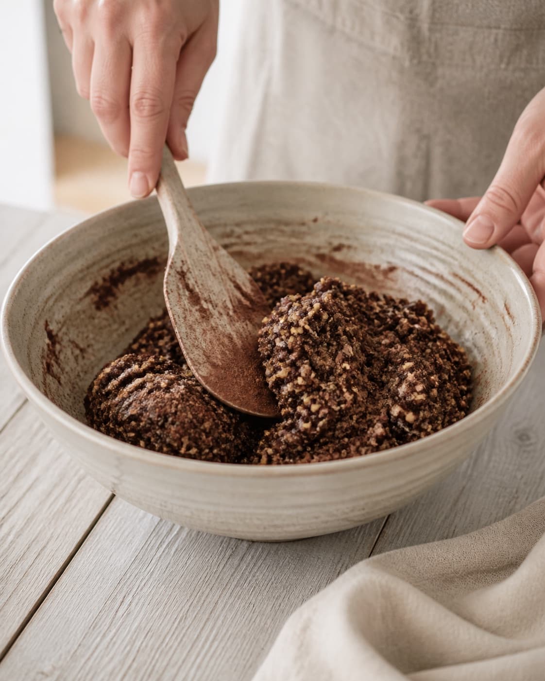 One single photorealistic instructional frame of the flavoring being folded into the confection mixture for Super Food Snackkugler, featuring dadler, mandler, kakaopulver, with only the named equipment and no unrelated food, text, logos or packaging under tilberedningen af super food snackkugler