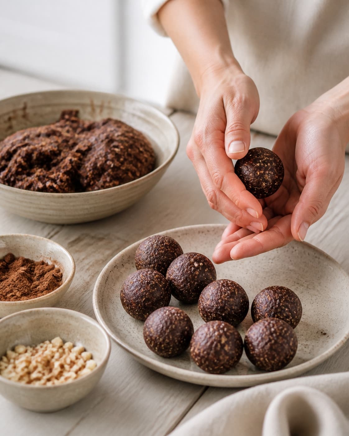 One single photorealistic instructional frame of realistic hands shaping equal confection pieces for Super Food Snackkugler, featuring dadler, mandler, kakaopulver, with only the named equipment and no unrelated food, text, logos or packaging under tilberedningen af super food snackkugler