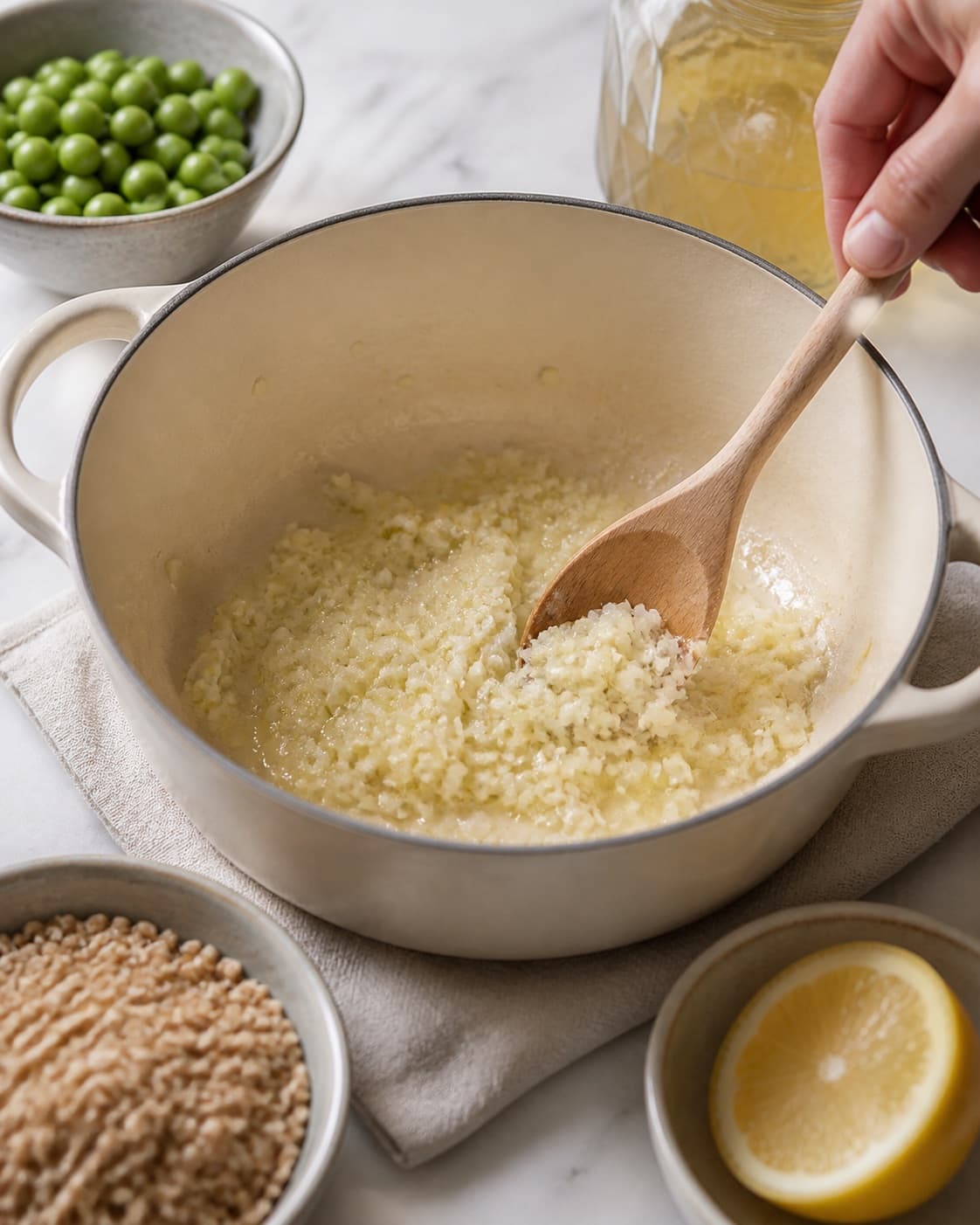 One single photorealistic instructional frame of aromatic vegetables softening in the same heavy pot for Speltotto med ærter og citron, featuring speltkerner, grønne ærter, citron, with only the named equipment and no unrelated food, text, logos or packaging under tilberedningen af speltotto med ærter og citron