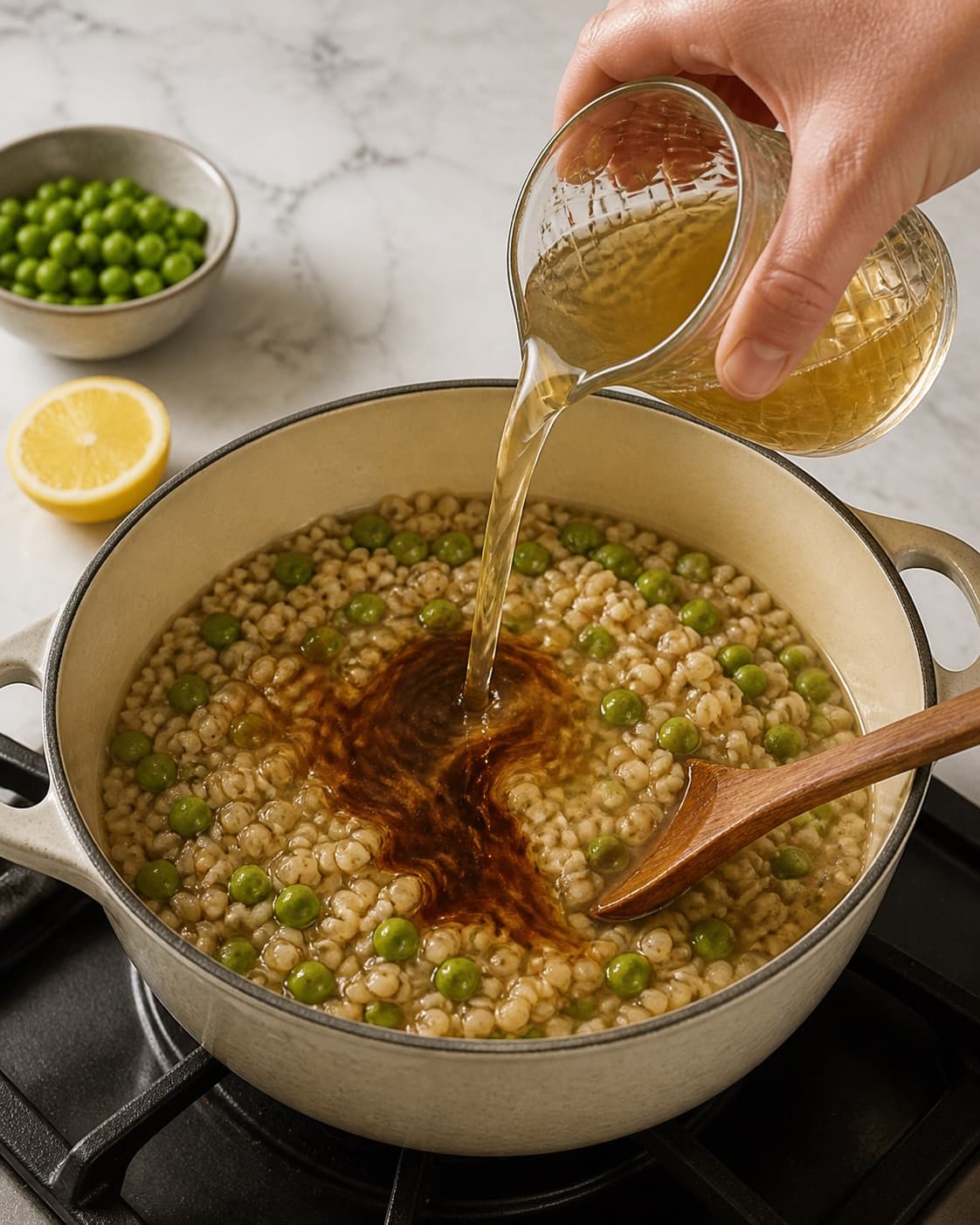 One single photorealistic instructional frame of dark fond dissolving into the added cooking liquid for Speltotto med ærter og citron, featuring speltkerner, grønne ærter, citron, with only the named equipment and no unrelated food, text, logos or packaging under tilberedningen af speltotto med ærter og citron