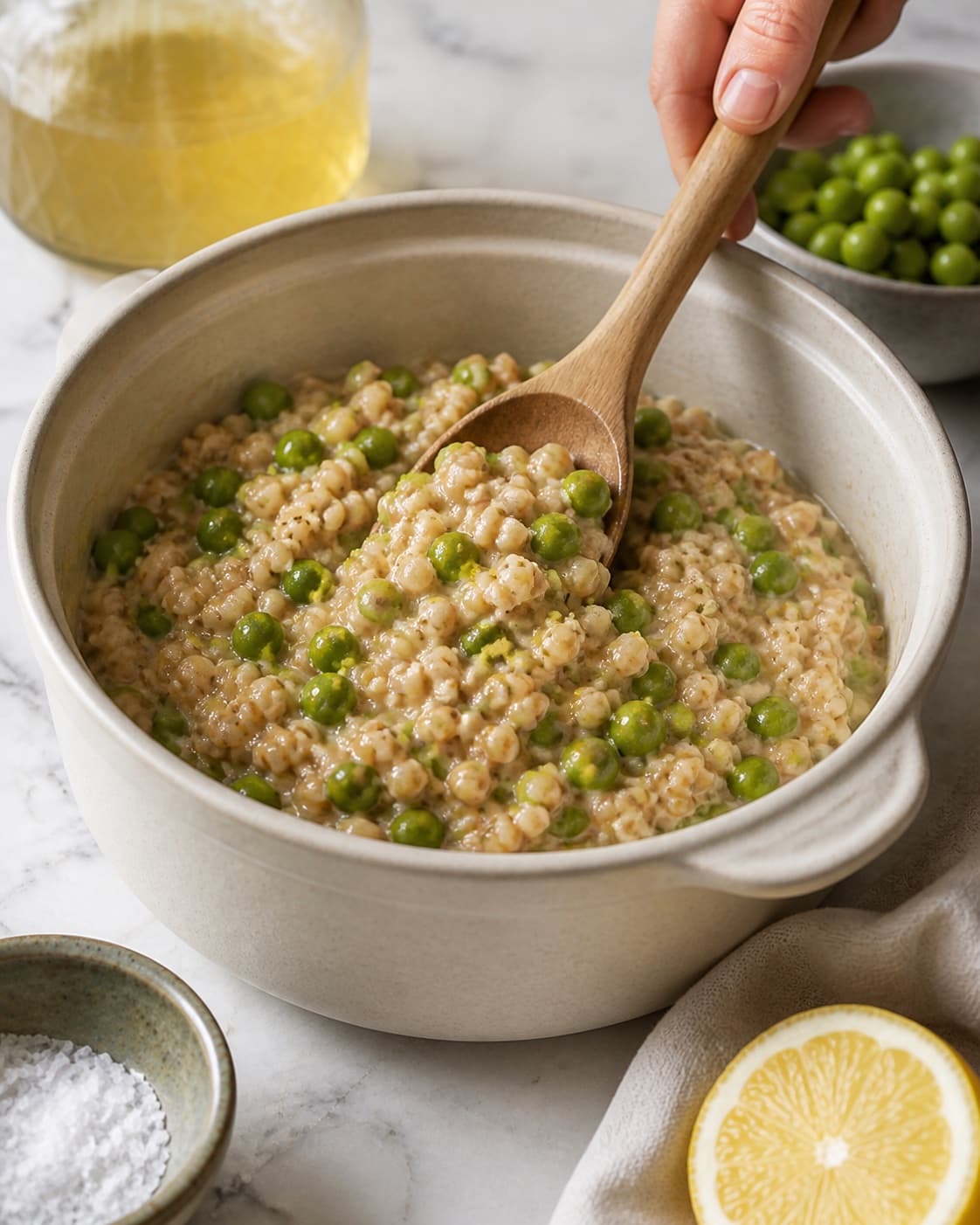 One single photorealistic instructional frame of the finished glossy stew ready in one serving pot for Speltotto med ærter og citron, featuring speltkerner, grønne ærter, citron, with only the named equipment and no unrelated food, text, logos or packaging under tilberedningen af speltotto med ærter og citron