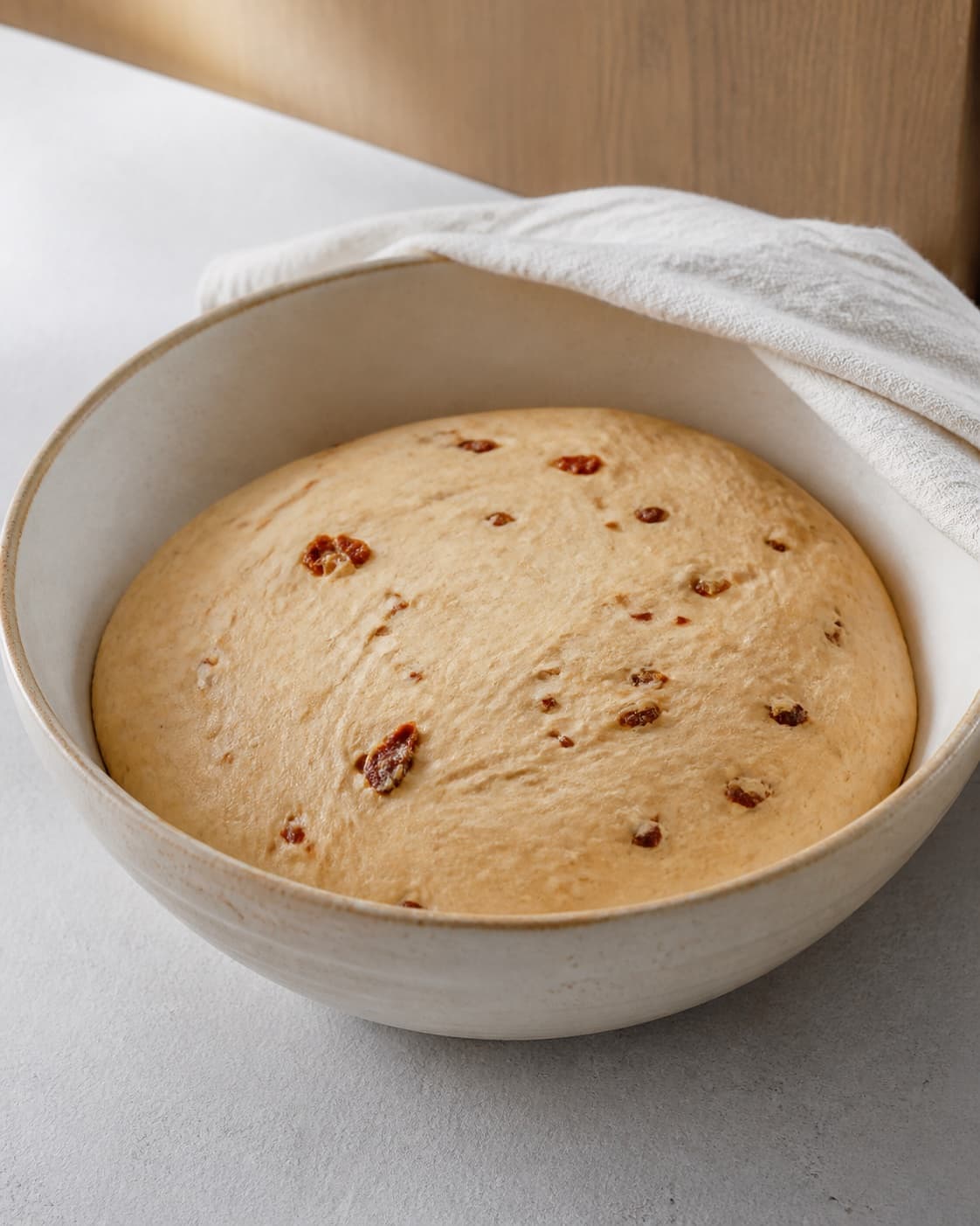 One single photorealistic instructional frame of elastic risen dough in one covered bowl for Tomatsnurrer - små madbrød med smag af tomater, featuring hvedemel, gær, soltørrede tomater, with only the named equipment and no unrelated food, text, logos or packaging under tilberedningen af tomatsnurrer - små madbrød med smag af tomater