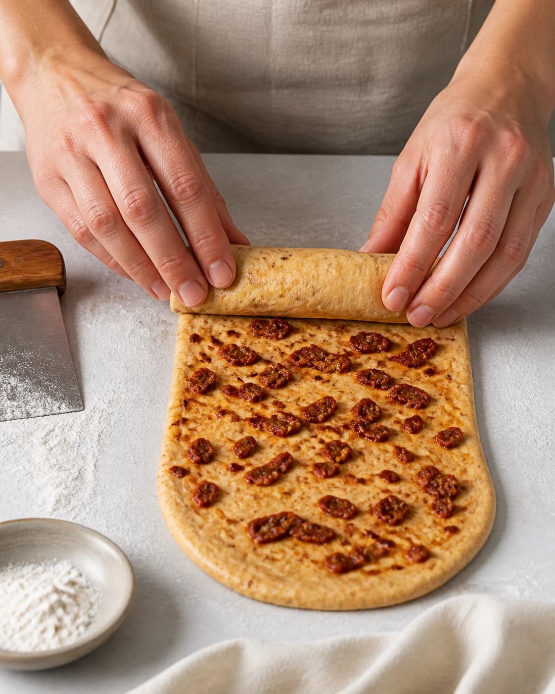One single photorealistic instructional frame of hands shaping the dough into the recipe-specific form for Tomatsnurrer - små madbrød med smag af tomater, featuring hvedemel, gær, soltørrede tomater, with only the named equipment and no unrelated food, text, logos or packaging under tilberedningen af tomatsnurrer - små madbrød med smag af tomater