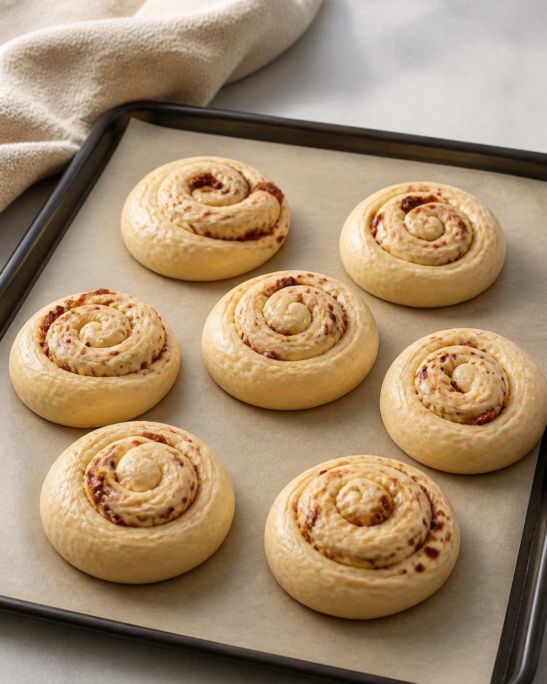 One single photorealistic instructional frame of shaped pale dough pieces visibly risen on one baking tray for Tomatsnurrer - små madbrød med smag af tomater, featuring hvedemel, gær, soltørrede tomater, with only the named equipment and no unrelated food, text, logos or packaging under tilberedningen af tomatsnurrer - små madbrød med smag af tomater