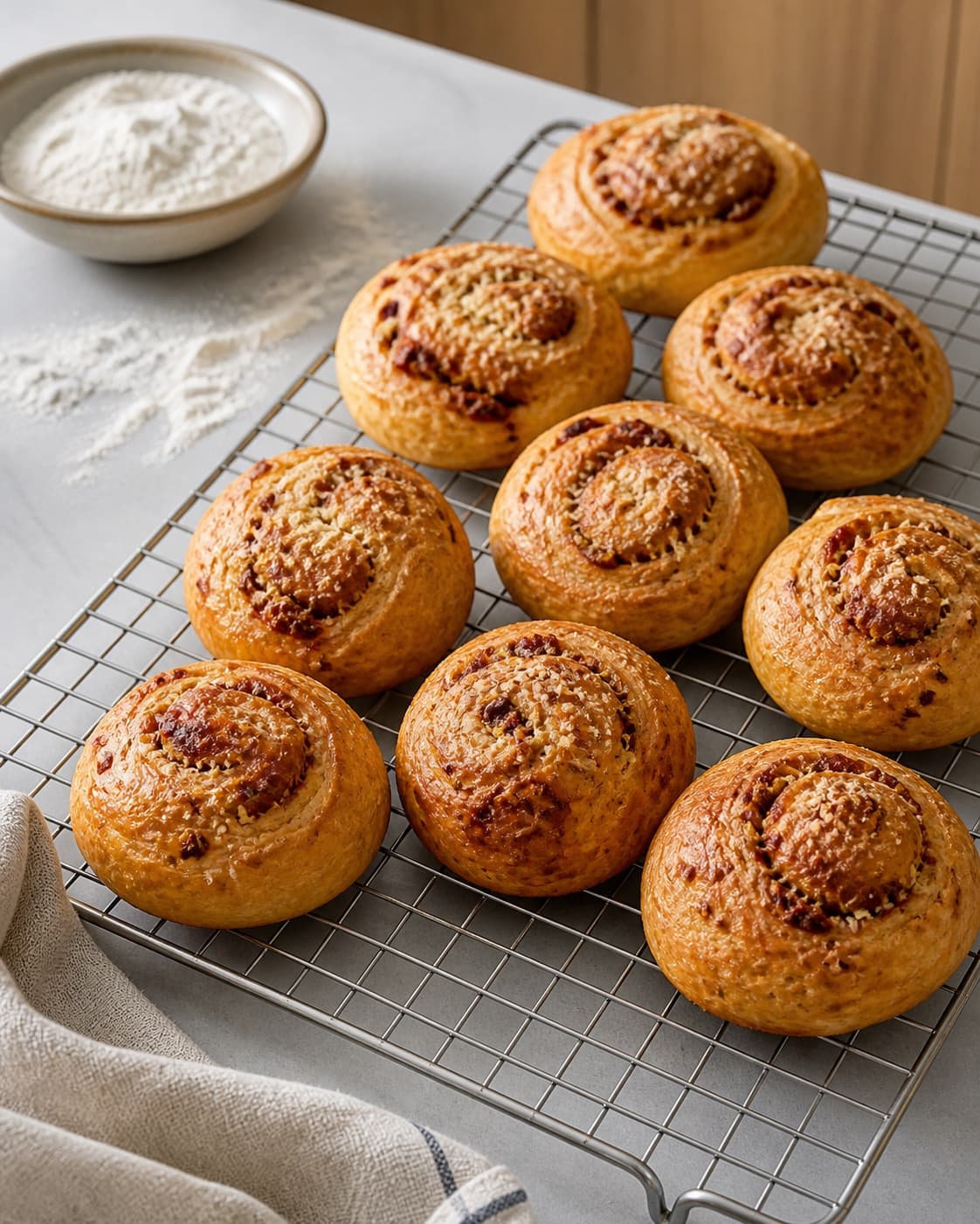 One single photorealistic instructional frame of freshly baked golden bread cooling on one rack for Tomatsnurrer - små madbrød med smag af tomater, featuring hvedemel, gær, soltørrede tomater, with only the named equipment and no unrelated food, text, logos or packaging under tilberedningen af tomatsnurrer - små madbrød med smag af tomater