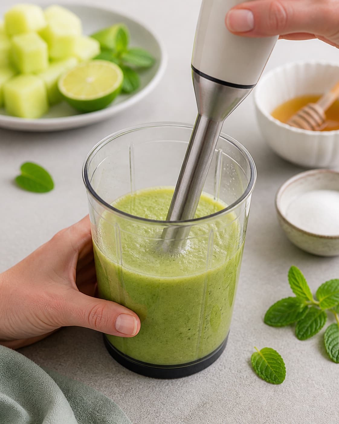 Fresh green honeydew melon lime and mint blending into a smooth puree, no milk cream eggs or saucepan under tilberedningen af grønne sunde melon is