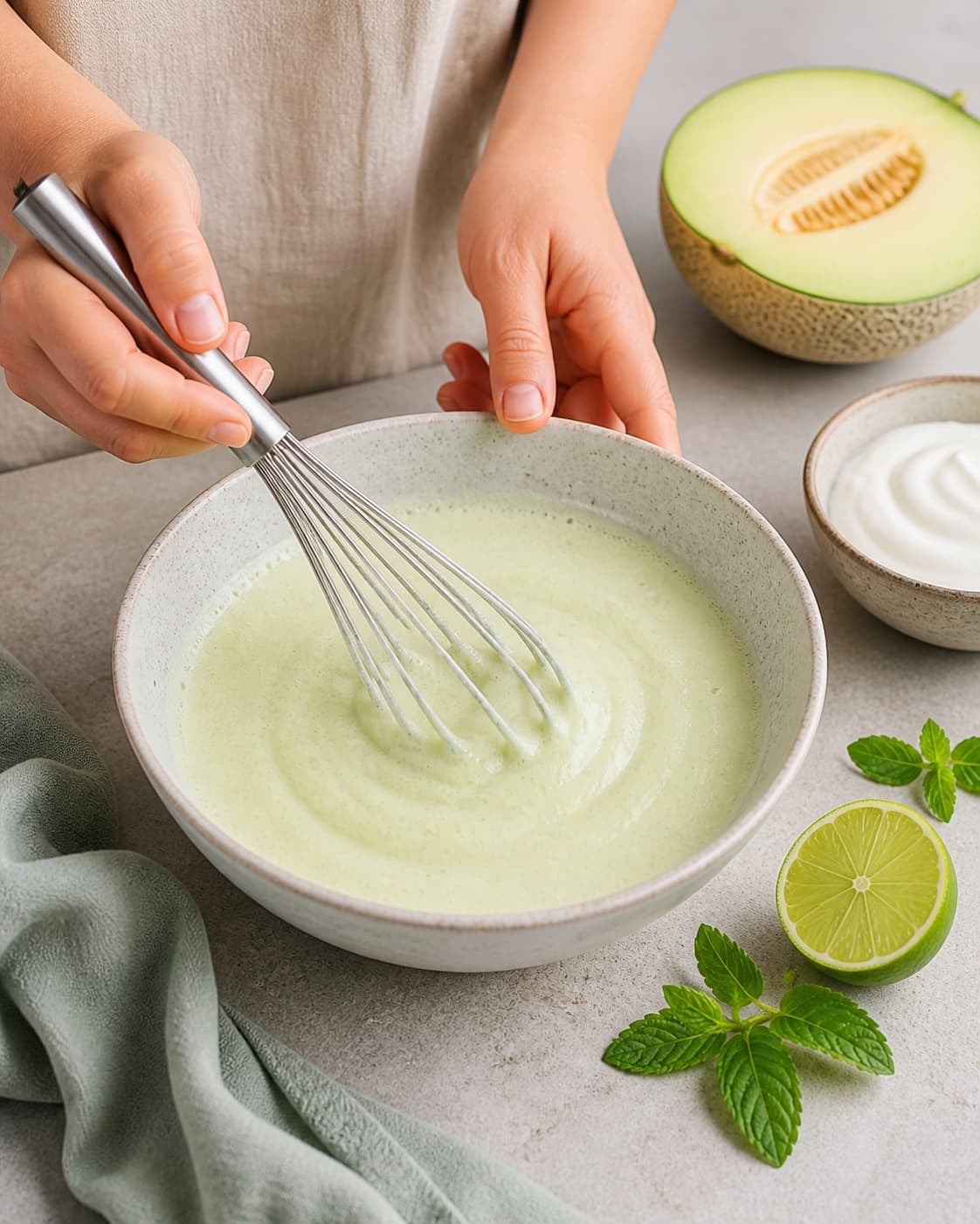 Cold pale green melon yogurt ice base being whisked in one bowl, no saucepan egg yolks or custard under tilberedningen af grønne sunde melon is