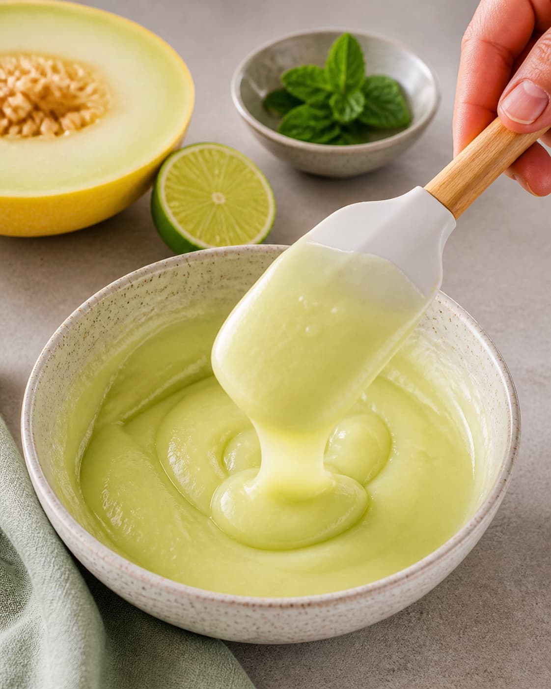 One single photorealistic instructional frame of the custard thickening gently on a spatula for Grønne sunde melon is, featuring honningmelon, lime, frisk mynte, with only the named equipment and no unrelated food, text, logos or packaging under tilberedningen af grønne sunde melon is