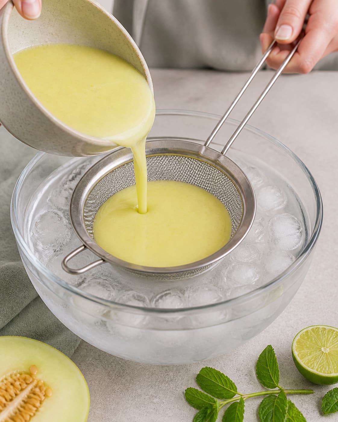One single photorealistic instructional frame of the strained custard cooling in an ice bath for Grønne sunde melon is, featuring honningmelon, lime, frisk mynte, with only the named equipment and no unrelated food, text, logos or packaging under tilberedningen af grønne sunde melon is