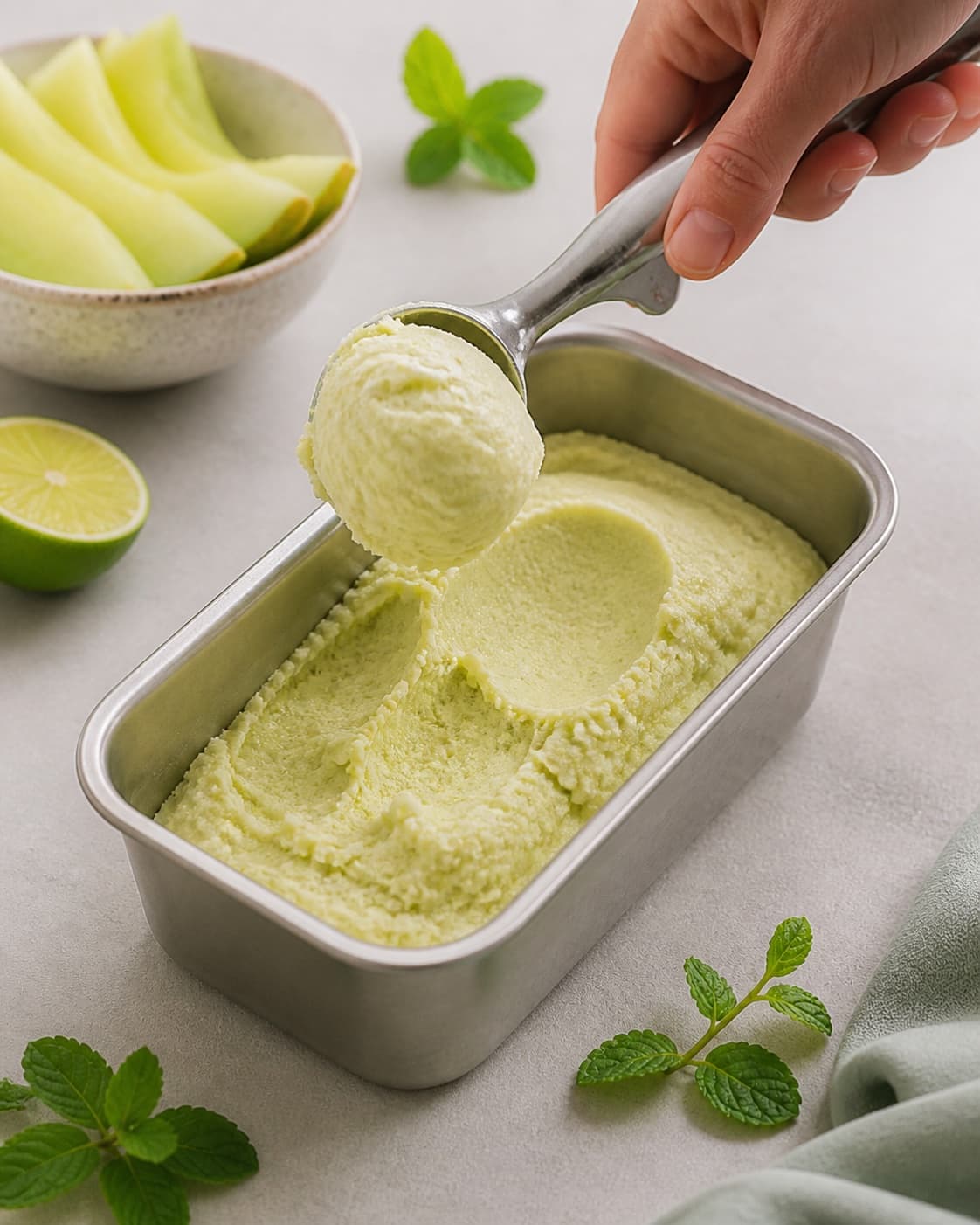 One single photorealistic instructional frame of freshly churned ice cream transferred to one container for Grønne sunde melon is, featuring honningmelon, lime, frisk mynte, with only the named equipment and no unrelated food, text, logos or packaging under tilberedningen af grønne sunde melon is