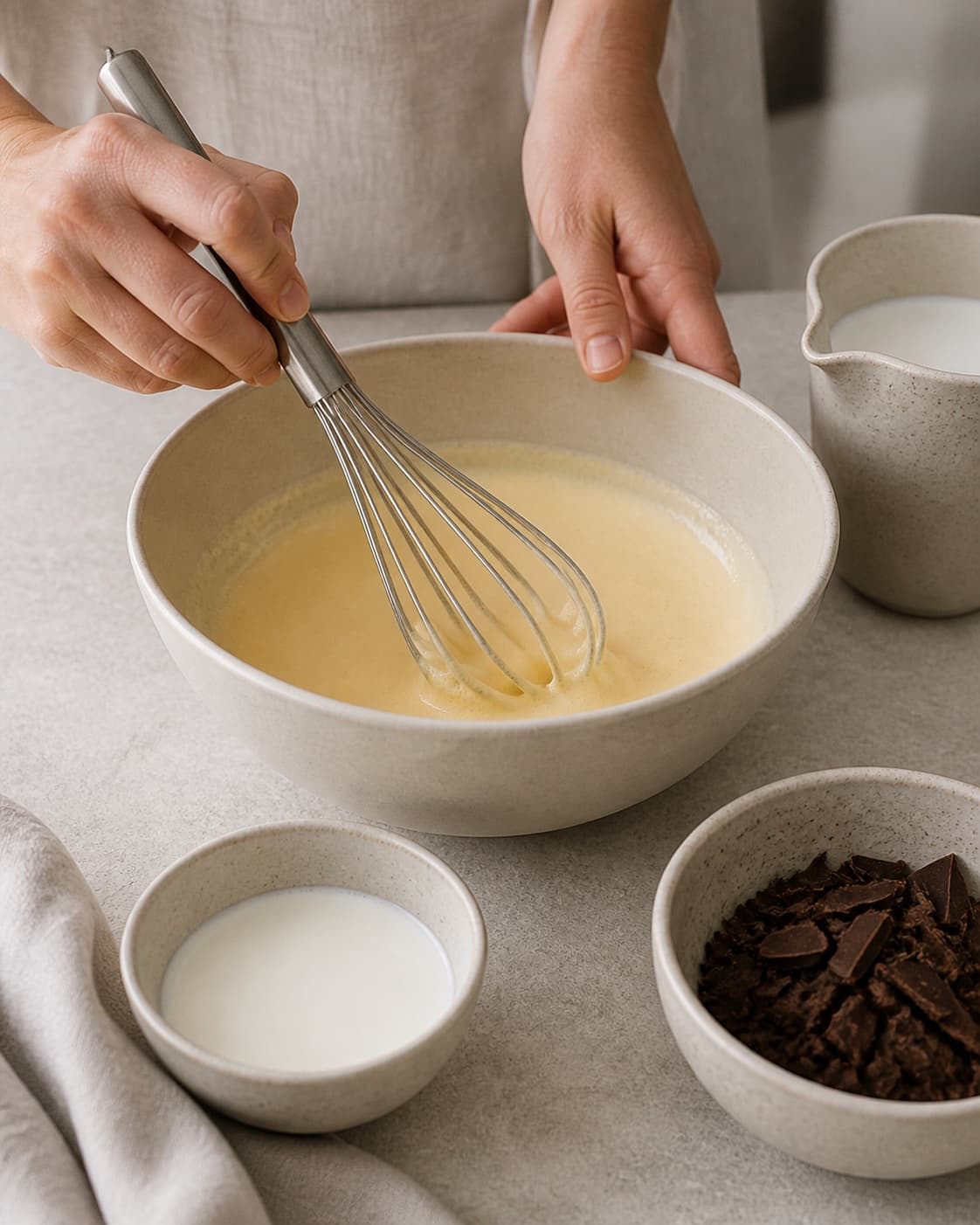 One single photorealistic instructional frame of pasteurized egg yolks and sugar whisked pale for Bounty is, featuring kokosmælk, piskefløde, mørk chokolade, with only the named equipment and no unrelated food, text, logos or packaging under tilberedningen af bounty is