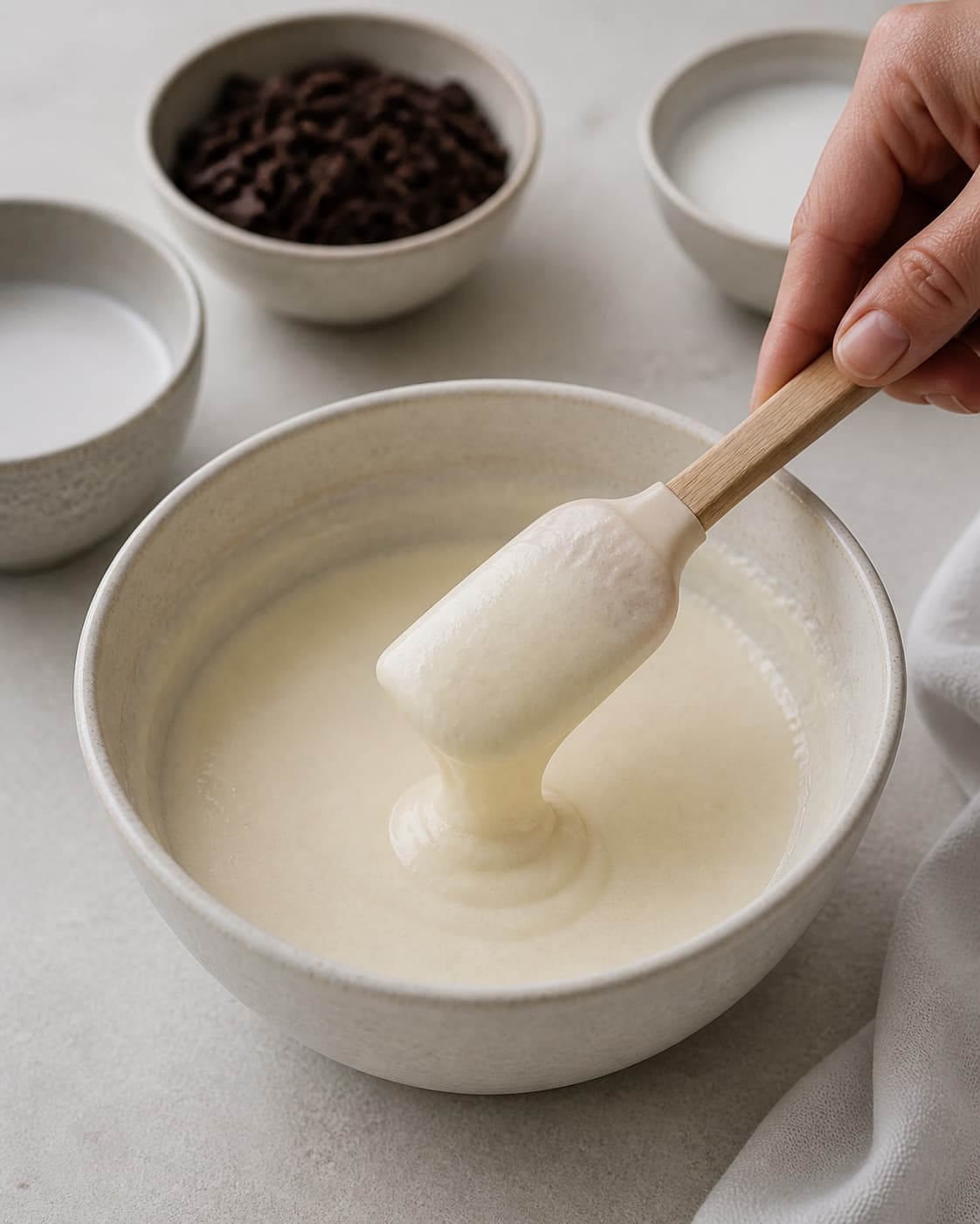 One single photorealistic instructional frame of the custard thickening gently on a spatula for Bounty is, featuring kokosmælk, piskefløde, mørk chokolade, with only the named equipment and no unrelated food, text, logos or packaging under tilberedningen af bounty is