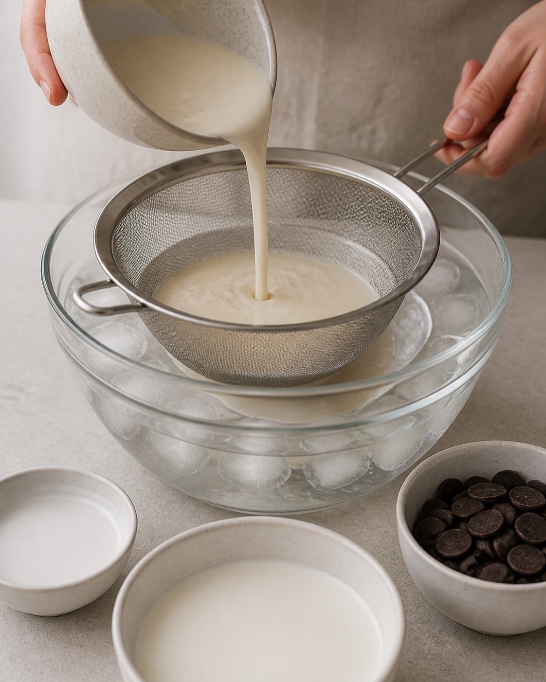 One single photorealistic instructional frame of the strained custard cooling in an ice bath for Bounty is, featuring kokosmælk, piskefløde, mørk chokolade, with only the named equipment and no unrelated food, text, logos or packaging under tilberedningen af bounty is