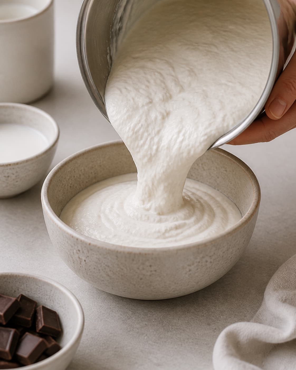 One single photorealistic instructional frame of freshly churned ice cream transferred to one container for Bounty is, featuring kokosmælk, piskefløde, mørk chokolade, with only the named equipment and no unrelated food, text, logos or packaging under tilberedningen af bounty is
