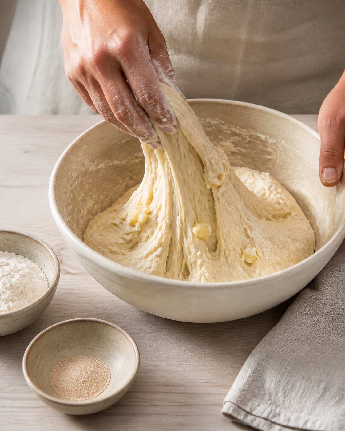 One single photorealistic instructional frame of elastic pizza dough mixing in one bowl for Mini pizza med kartoffel og kapers, featuring hvedemel, gær, kartofler, with only the named equipment and no unrelated food, text, logos or packaging under tilberedningen af mini pizza med kartoffel og kapers