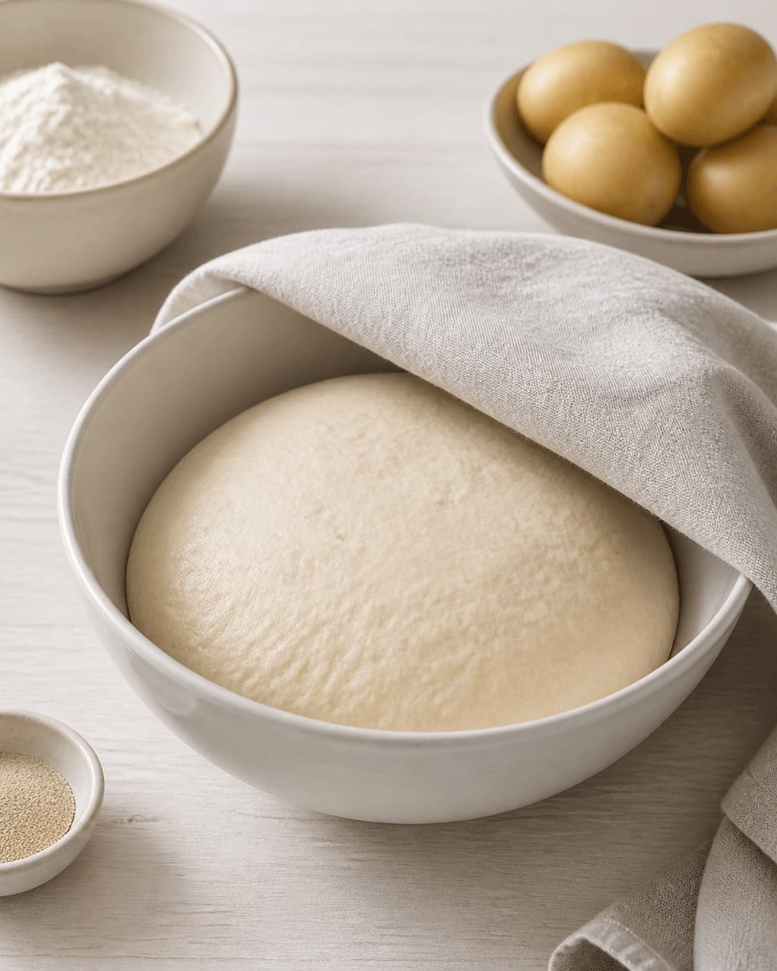 One single photorealistic instructional frame of risen pizza dough in one covered bowl for Mini pizza med kartoffel og kapers, featuring hvedemel, gær, kartofler, with only the named equipment and no unrelated food, text, logos or packaging under tilberedningen af mini pizza med kartoffel og kapers