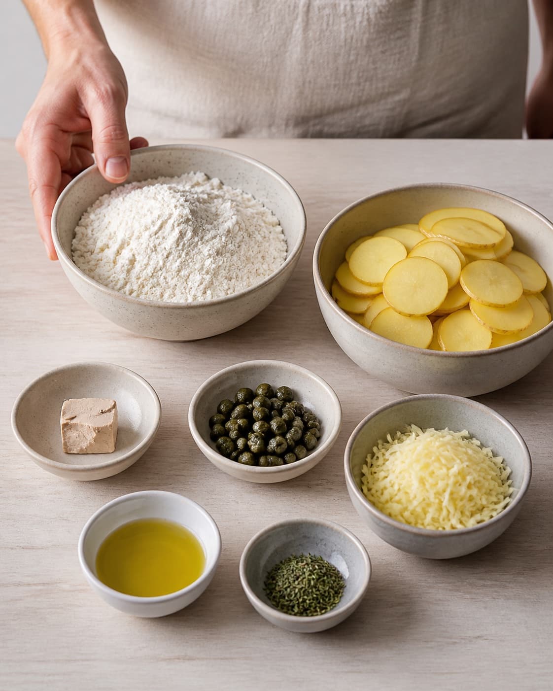 One single photorealistic instructional frame of pizza toppings prepared in separate bowls for Mini pizza med kartoffel og kapers, featuring hvedemel, gær, kartofler, with only the named equipment and no unrelated food, text, logos or packaging under tilberedningen af mini pizza med kartoffel og kapers