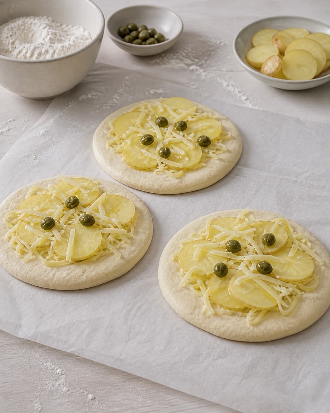 One single photorealistic instructional frame of the raw pizza shaped and topped before baking for Mini pizza med kartoffel og kapers, featuring hvedemel, gær, kartofler, with only the named equipment and no unrelated food, text, logos or packaging under tilberedningen af mini pizza med kartoffel og kapers