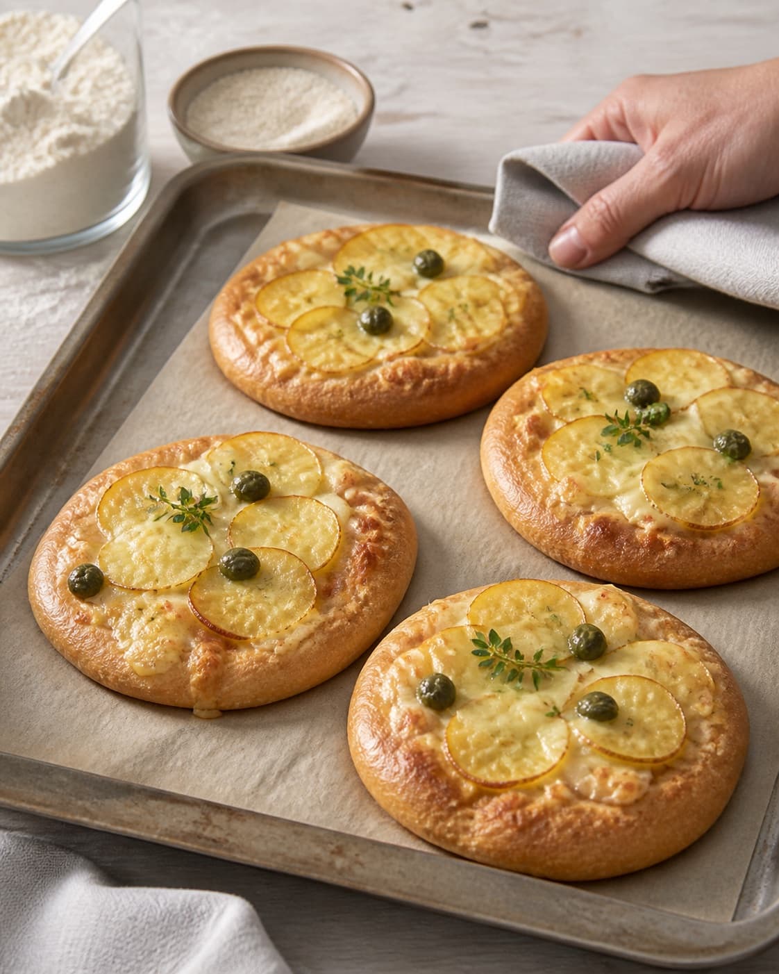 One single photorealistic instructional frame of the finished pizza with a crisp browned crust for Mini pizza med kartoffel og kapers, featuring hvedemel, gær, kartofler, with only the named equipment and no unrelated food, text, logos or packaging under tilberedningen af mini pizza med kartoffel og kapers