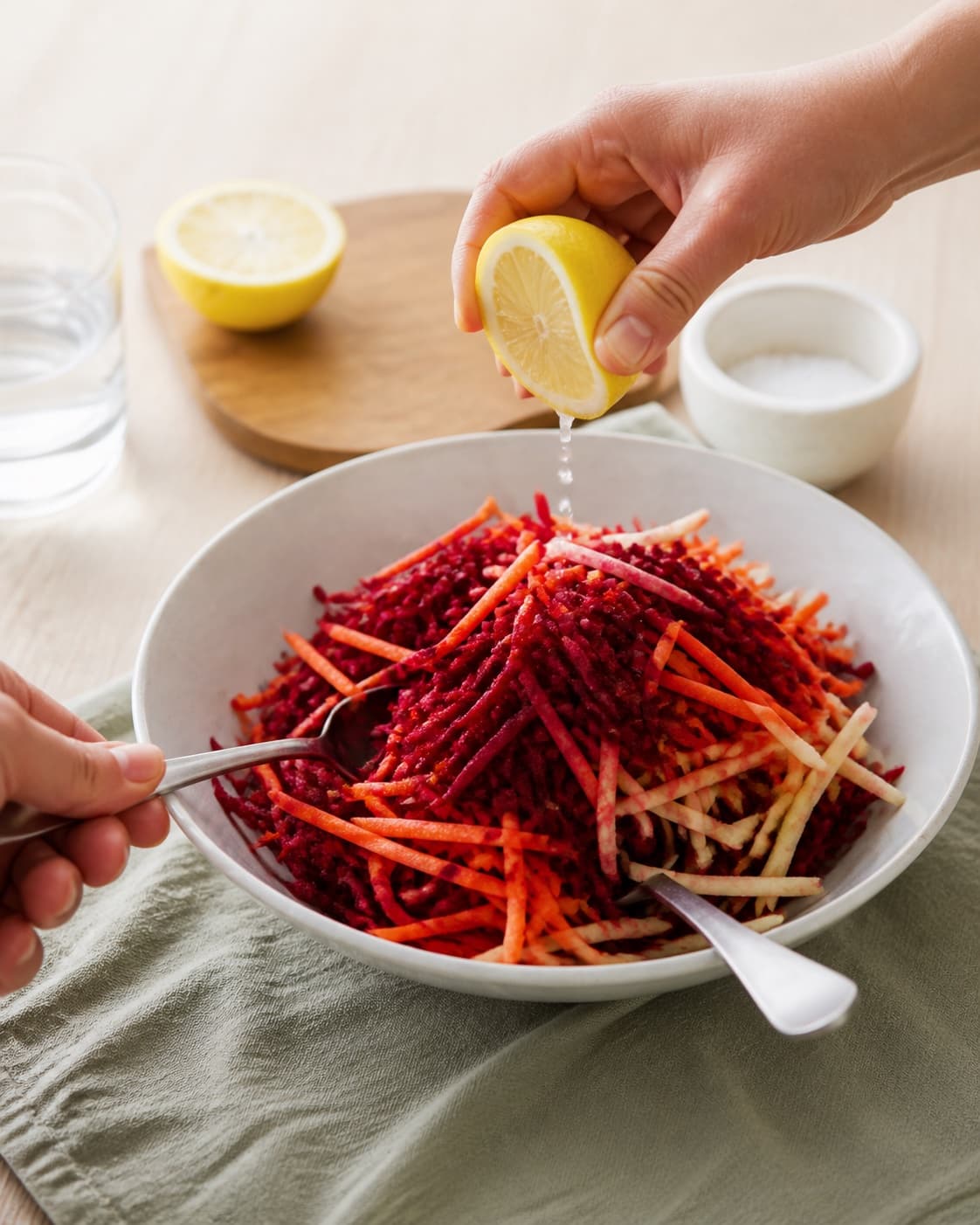 Raw shredded beetroot carrot and apple being gently tossed with lemon in one bowl, no oven, roasting tray or cooked vegetables under tilberedningen af råkost med rødbede