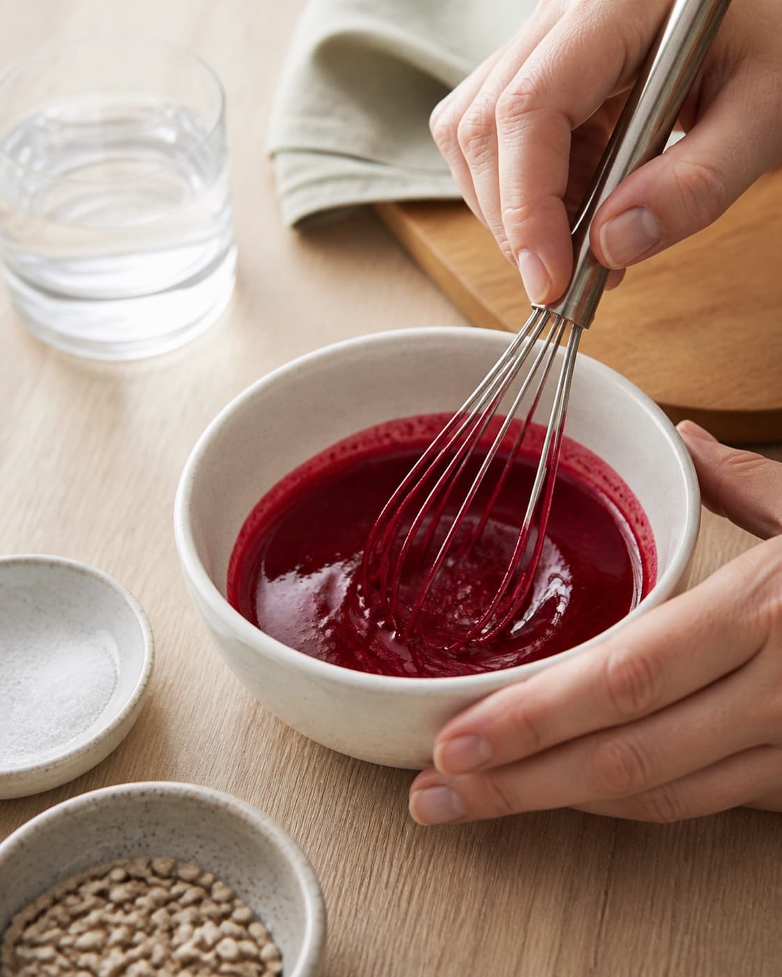 One single photorealistic instructional frame of a glossy dressing being whisked in one small bowl for Råkost med rødbede, featuring rødbede, gulerødder, æble, with only the named equipment and no unrelated food, text, logos or packaging under tilberedningen af råkost med rødbede