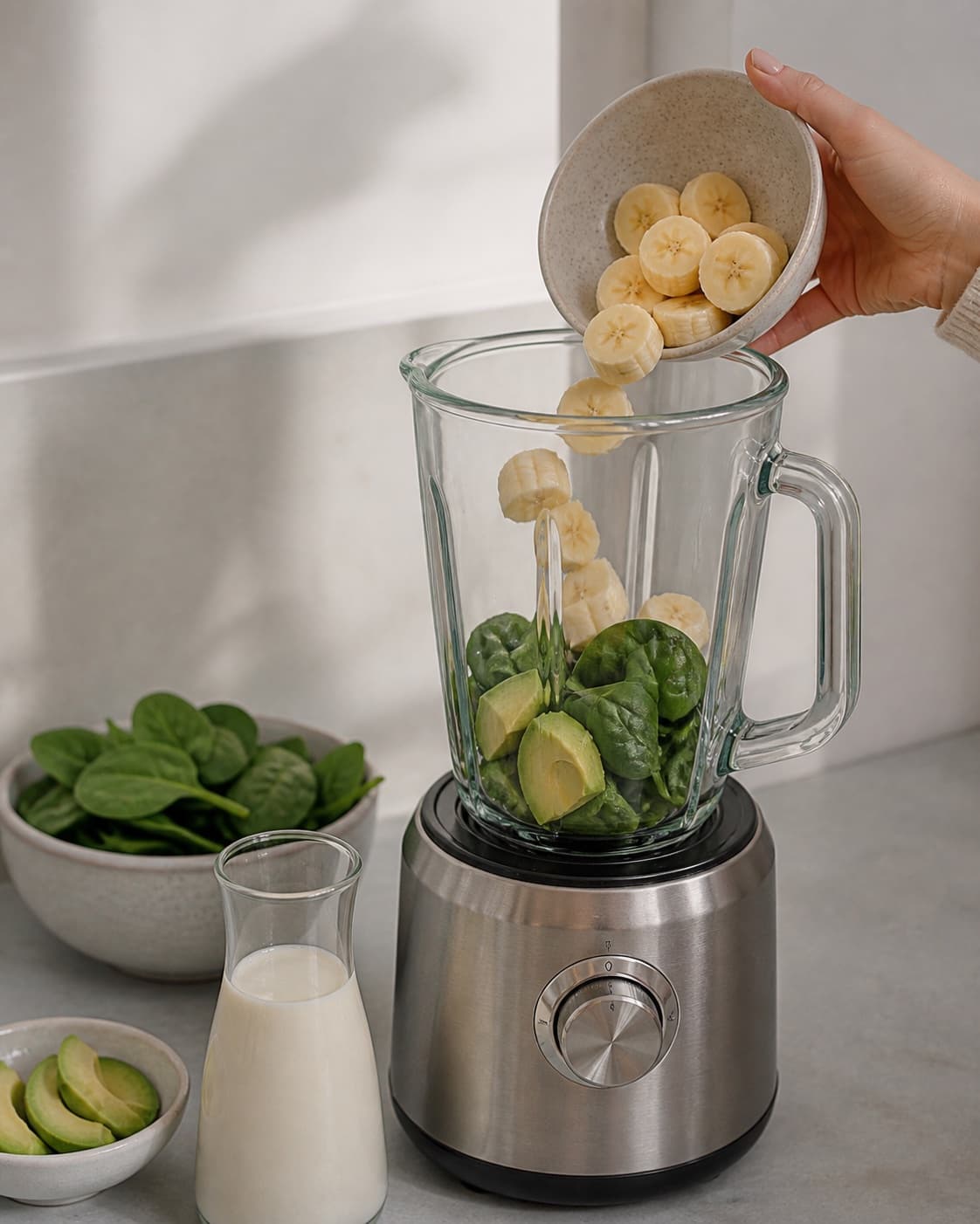 One single photorealistic instructional frame of prepared fruit and measured liquid beside one blender for Power Smoothie, featuring banan, avocado, spinat, with only the named equipment and no unrelated food, text, logos or packaging under tilberedningen af power smoothie