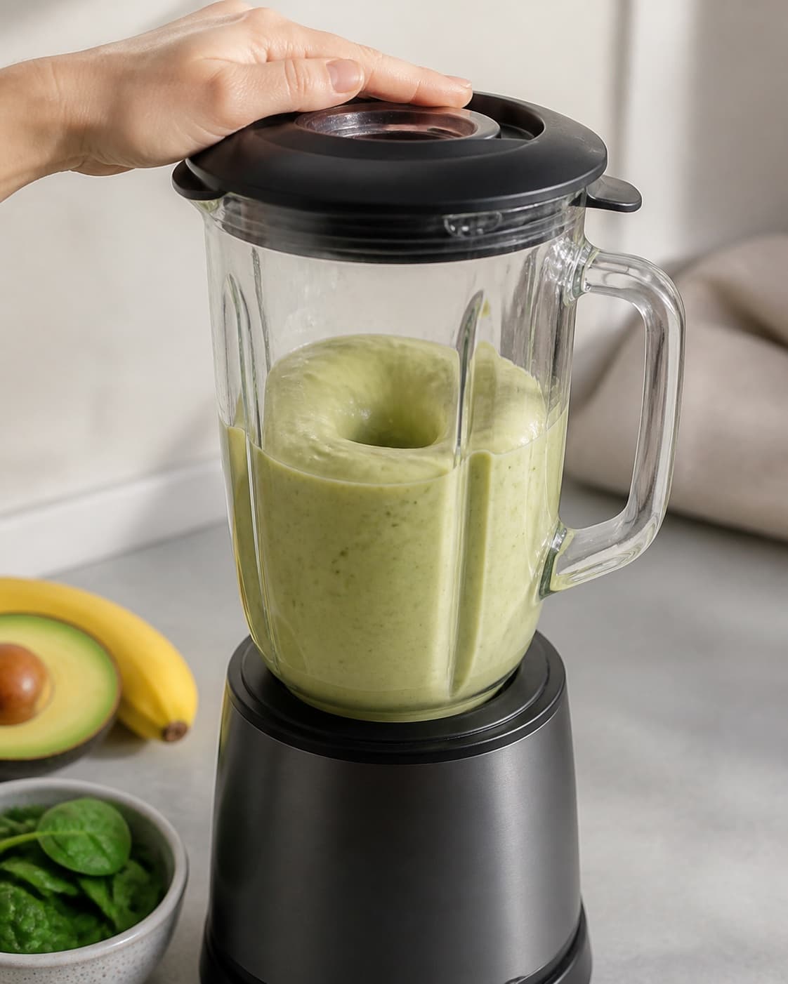 One single photorealistic instructional frame of a smooth pale base swirling inside one blender for Power Smoothie, featuring banan, avocado, spinat, with only the named equipment and no unrelated food, text, logos or packaging under tilberedningen af power smoothie