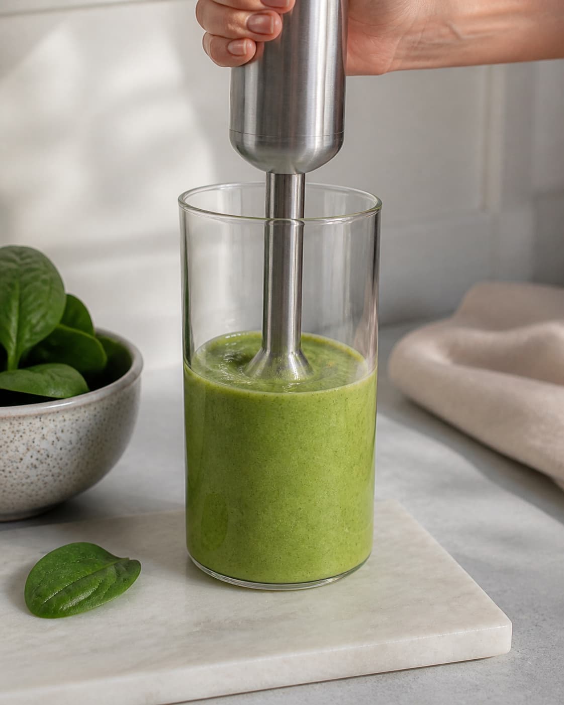 One single photorealistic instructional frame of the final colorful smoothie blending until thick and uniform for Power Smoothie, featuring banan, avocado, spinat, with only the named equipment and no unrelated food, text, logos or packaging under tilberedningen af power smoothie