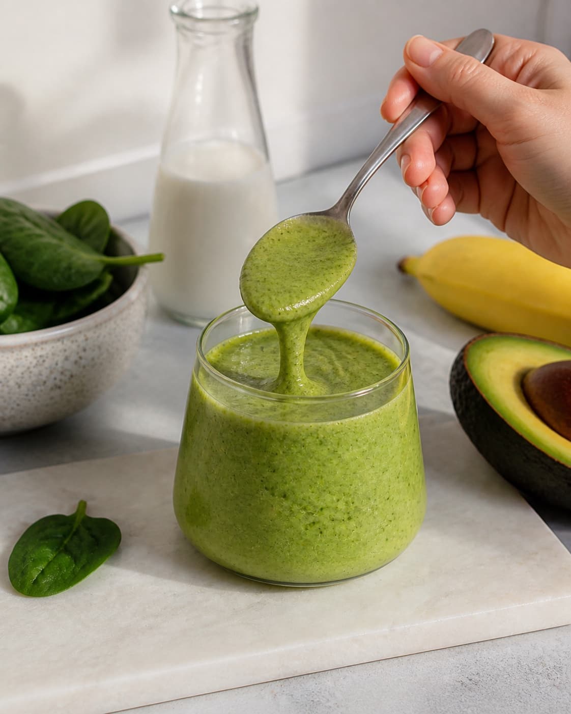 One single photorealistic instructional frame of one spoon checking the thick smoothie consistency for Power Smoothie, featuring banan, avocado, spinat, with only the named equipment and no unrelated food, text, logos or packaging under tilberedningen af power smoothie