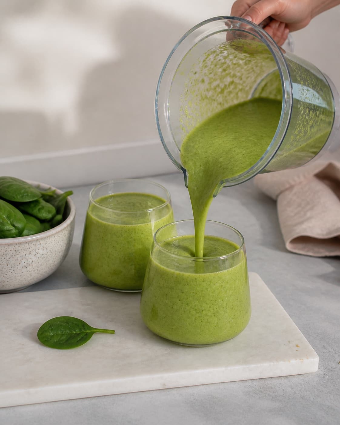 One single photorealistic instructional frame of the finished smoothie poured into clean chilled glasses or bowls for Power Smoothie, featuring banan, avocado, spinat, with only the named equipment and no unrelated food, text, logos or packaging under tilberedningen af power smoothie