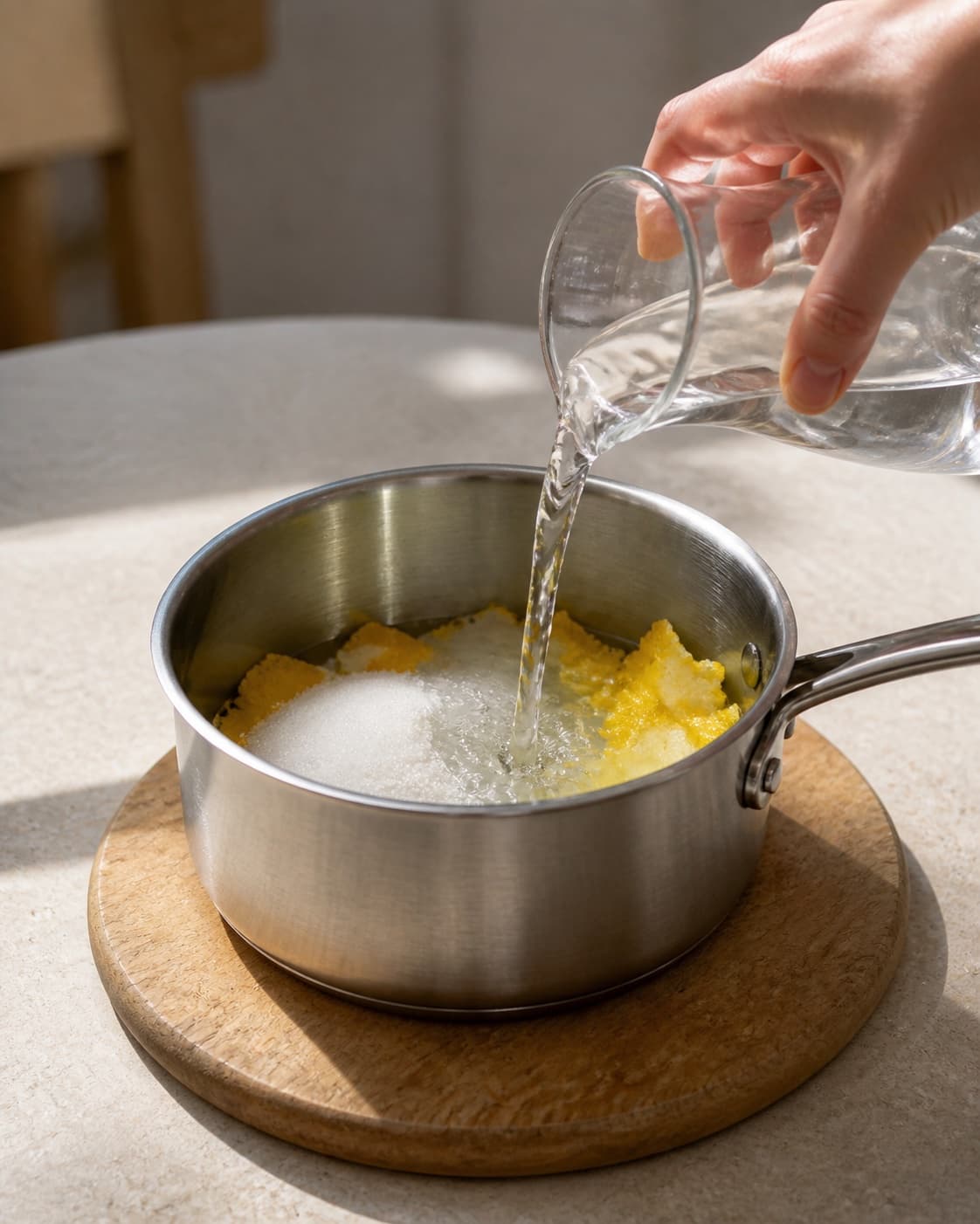 One single photorealistic instructional frame of the aromatic drink base being prepared in one small saucepan for Lemonade, featuring citron, sukker, vand, with only the named equipment and no unrelated food, text, logos or packaging under tilberedningen af lemonade