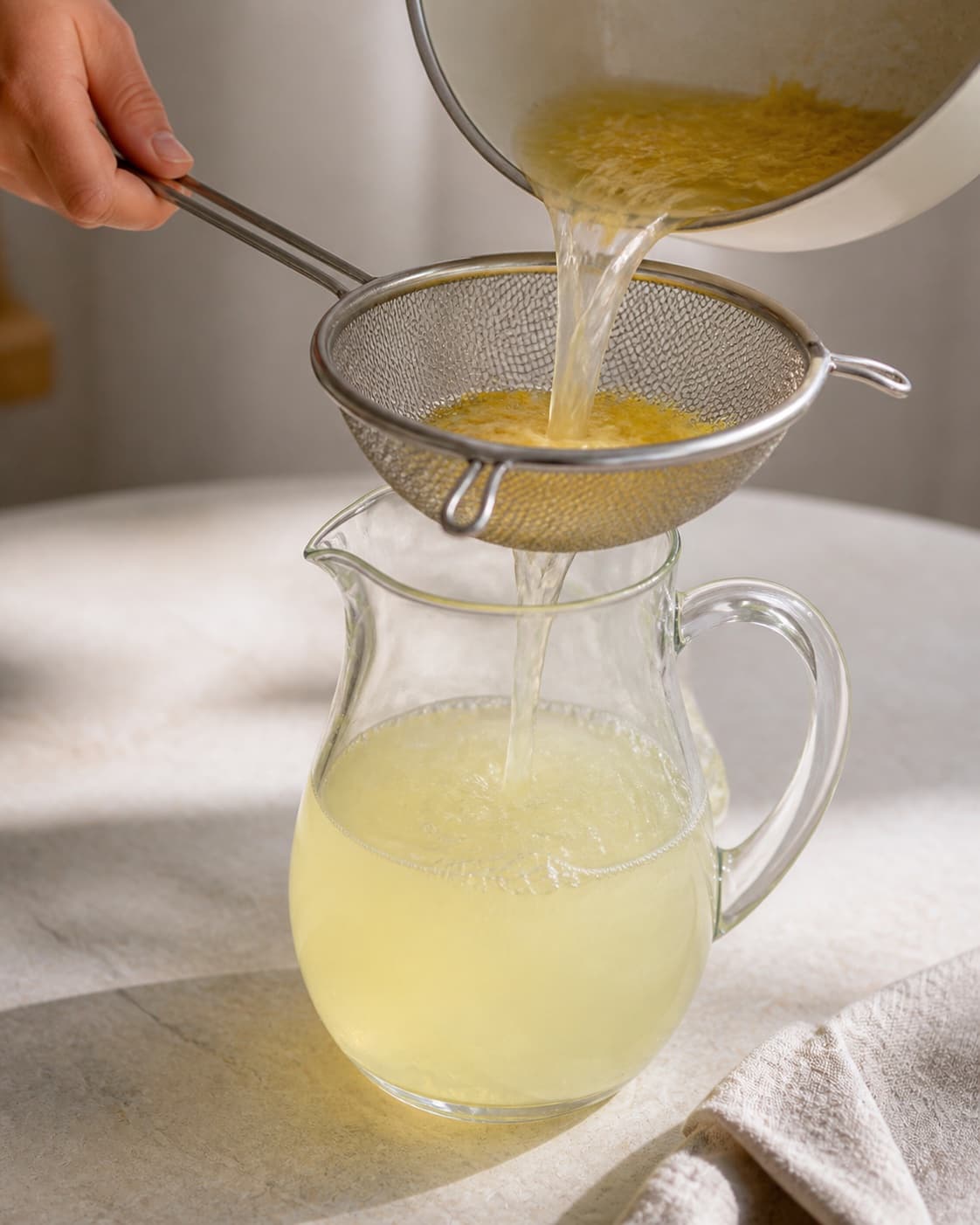 One single photorealistic instructional frame of a strained drink base cooling in one clear jug for Lemonade, featuring citron, sukker, vand, with only the named equipment and no unrelated food, text, logos or packaging under tilberedningen af lemonade