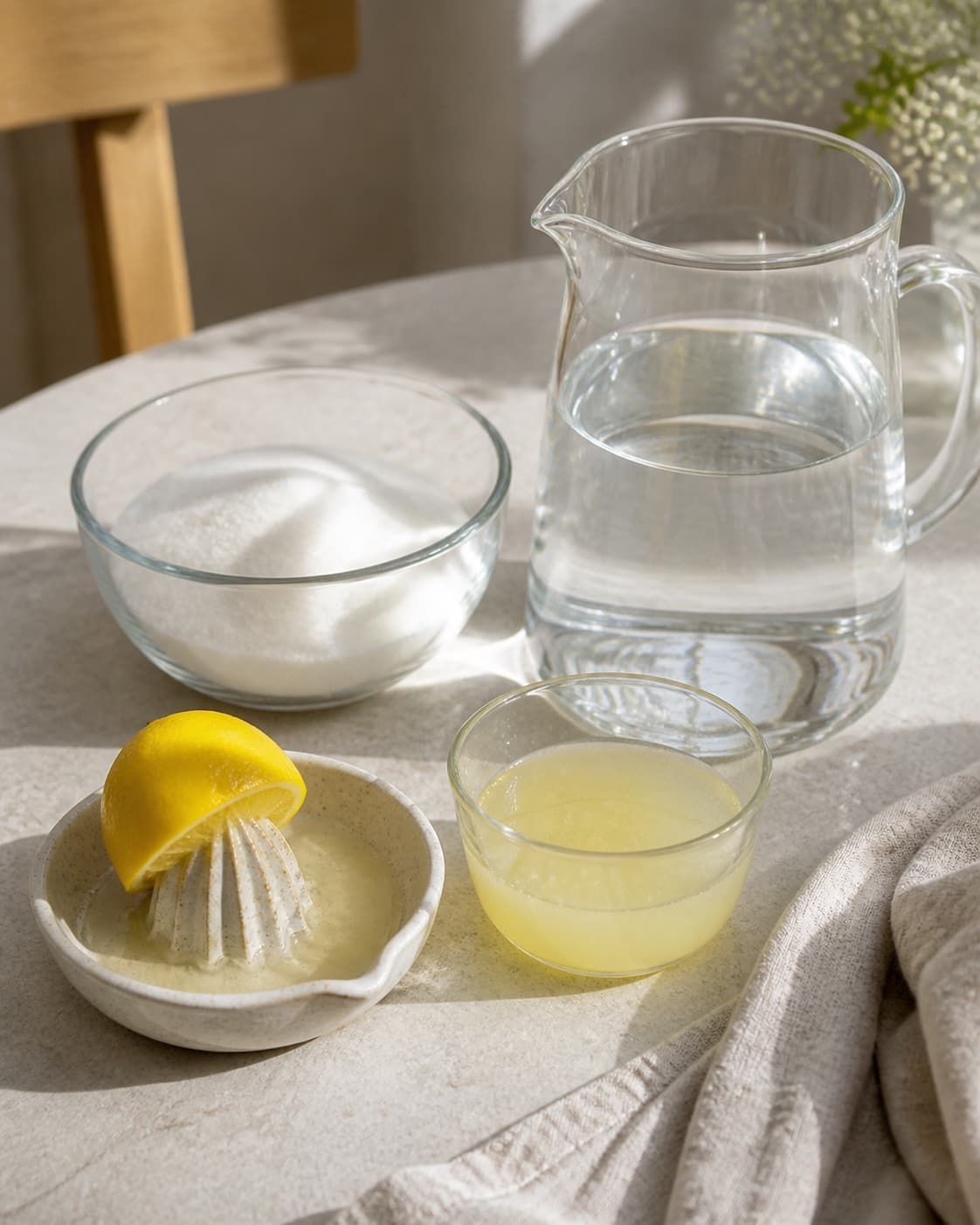 One single photorealistic instructional frame of measured drink components arranged separately for Lemonade, featuring citron, sukker, vand, with only the named equipment and no unrelated food, text, logos or packaging under tilberedningen af lemonade