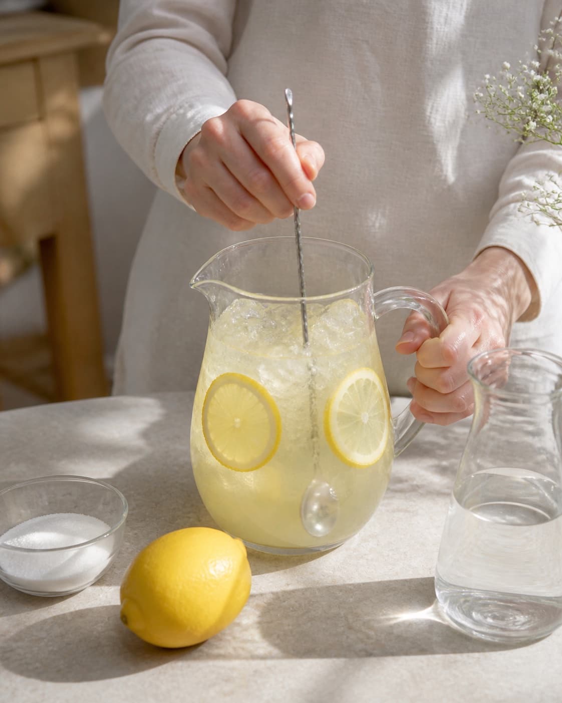 One single photorealistic instructional frame of the drink being shaken or stirred with clear ice for Lemonade, featuring citron, sukker, vand, with only the named equipment and no unrelated food, text, logos or packaging under tilberedningen af lemonade