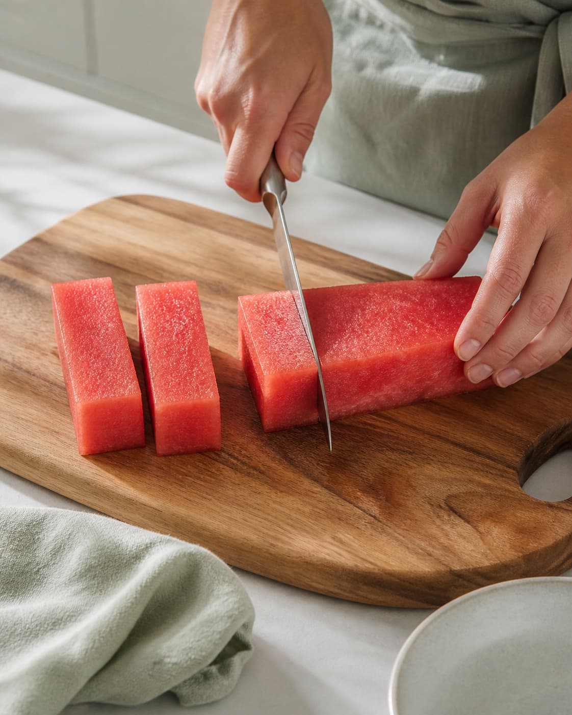Fresh red watermelon being cut into thick rectangular ice-pop pieces on one board under tilberedningen af melon is med chokolade