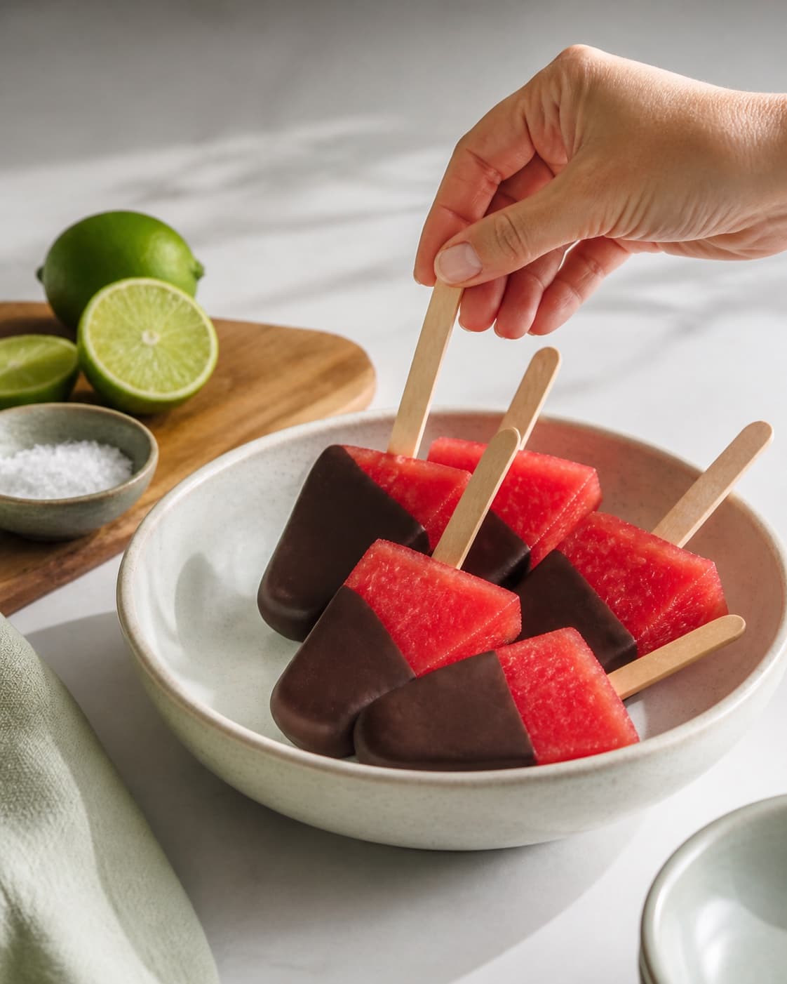 Wooden ice-pop sticks being inserted into fresh watermelon pieces, no custard or saucepan under tilberedningen af melon is med chokolade