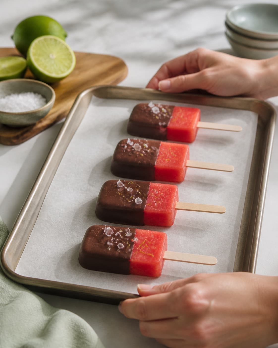 Watermelon ice pops freezing flat on one tray, no dairy custard or ice-cream machine under tilberedningen af melon is med chokolade