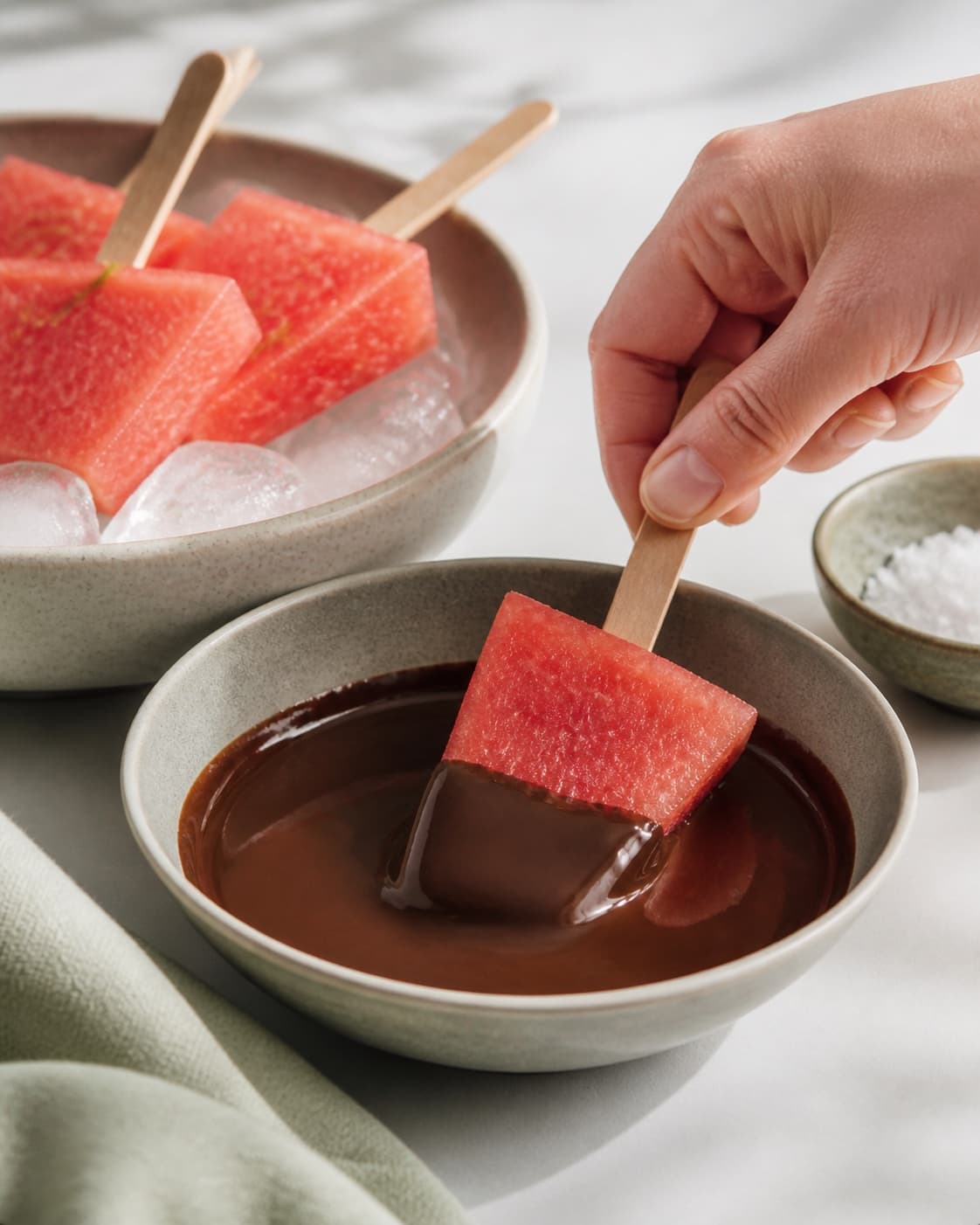 Frozen watermelon ice pops being partially dipped in dark chocolate, no bowl of custard under tilberedningen af melon is med chokolade