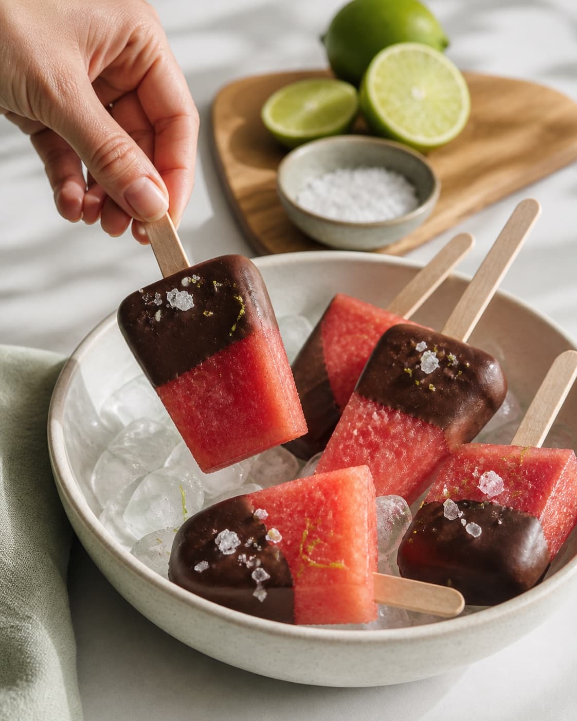 Finished red watermelon ice pops with set dark chocolate on wooden sticks, no ice-cream tub under tilberedningen af melon is med chokolade