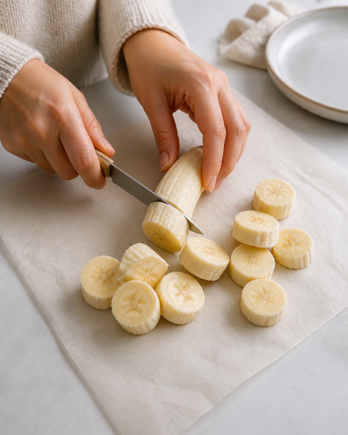 Fresh banana pieces being cut into thick even chunks on parchment under tilberedningen af bananis af frosne bananstykker