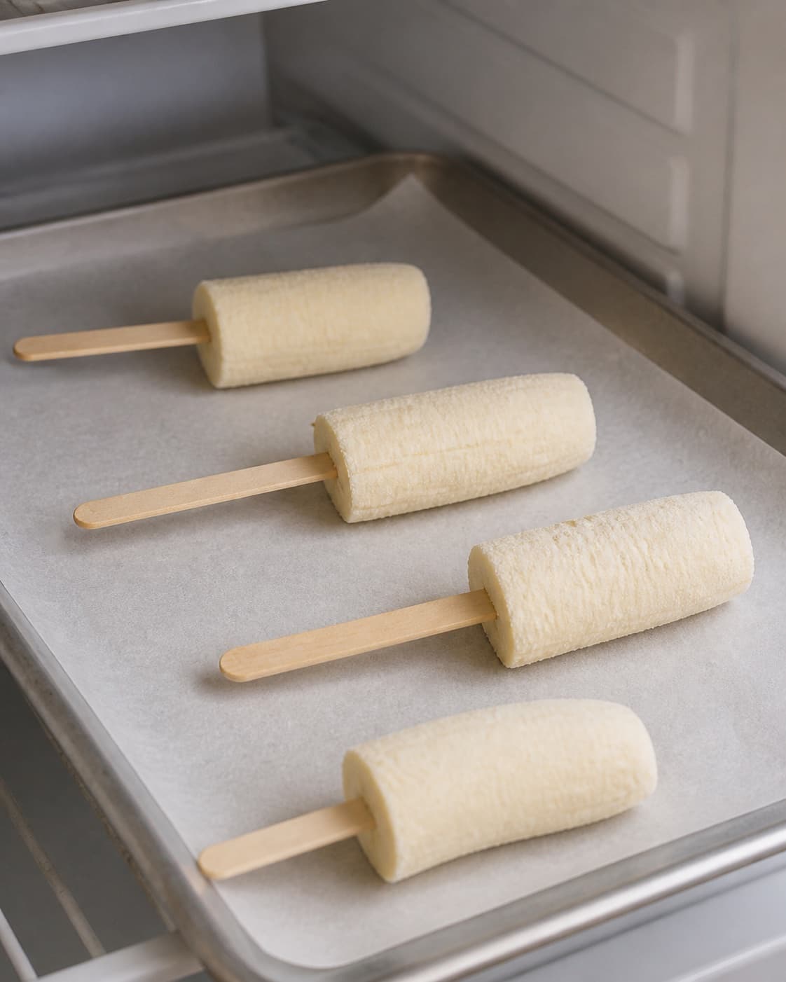 Banana ice-pop pieces freezing flat on one tray, no dairy custard or ice-cream machine under tilberedningen af bananis af frosne bananstykker